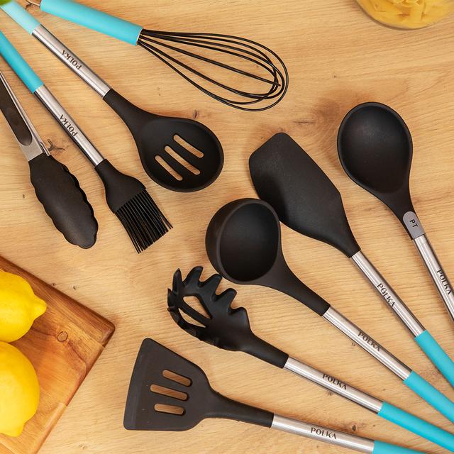 Cecotec Polka Platinum Thunder. Utensilios De Cocina De Silicona De 9 Piezas Negro Recubierto Soft Touch Y Mango De Acero. Materiales: Silicona Nylon Y PP Incluye Holder Polka Utensilios De Cocina