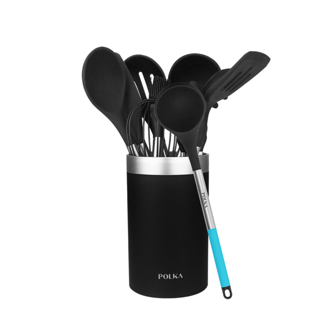 Cecotec Polka Platinum Thunder. Utensilios de Cocina de Silicona de 9 piezas Negro Recubierto Soft touch y Mango de Acero. Materiales: Silicona Nylon y PP Incluye Holder Polka Utensilios de cocina