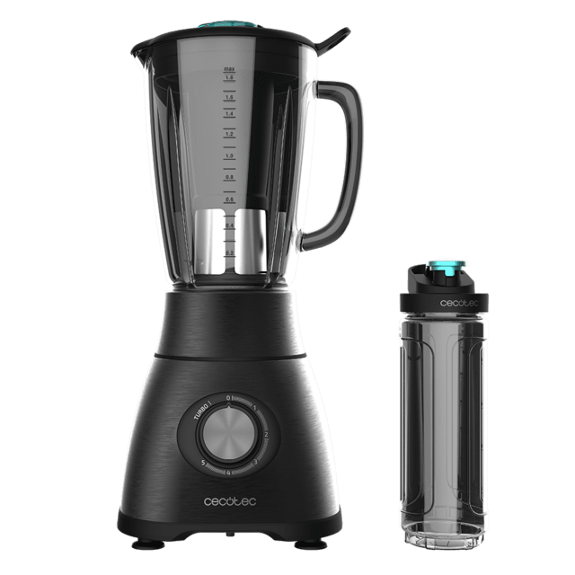 Cecotec Power Black Titanium 2500MAX Go. Batidora De Vaso De 1800 W Acero Inoxidable Cuchilla De 6 Hojas Con Recubrimiento De Titanio Negro Y Jarra De Vidrio Fundido Con 1 8 L Incluye Botella Portátil Batidora De Vaso De 1800 W