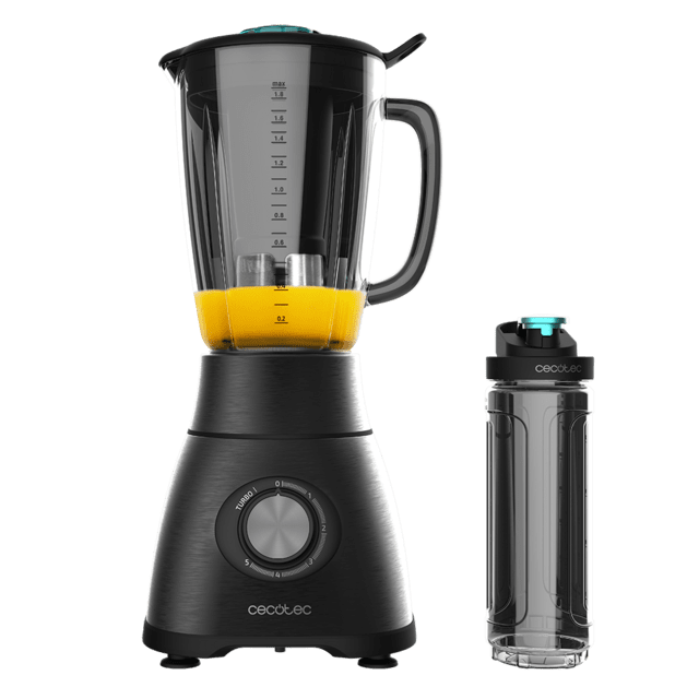 Cecotec Power Black Titanium 2500MAX Go. Batidora De Vaso De 1800 W Acero Inoxidable Cuchilla De 6 Hojas Con Recubrimiento De Titanio Negro Y Jarra De Vidrio Fundido Con 1 8 L Incluye Botella Portátil Batidora De Vaso De 1800 W