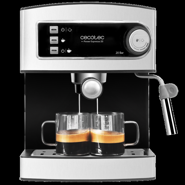 Cecotec Power Espresso 20. Cafetera Express Manual de 850W Presión 20 Bares Depósito de 1 5L Brazo Doble Salida Vaporizador Superficie Calientatazas Acabados en Acero Inoxidable Cafetera express