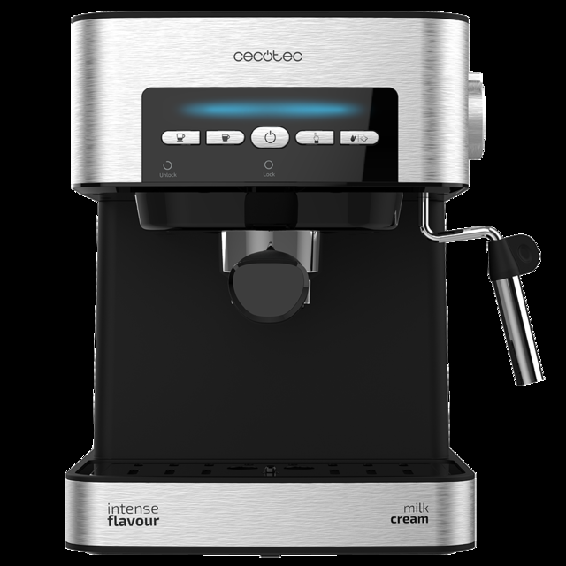 Cecotec Power Espresso 20 Matic. Cafetera Express De 850 W 20 Bares 1 5L Brazo Doble Salida Vaporizador Superficie Calientatazas Mandos Digitales Acabados En Acero Inoxidable Negro/Plata Cafetera Express 20 Bares  