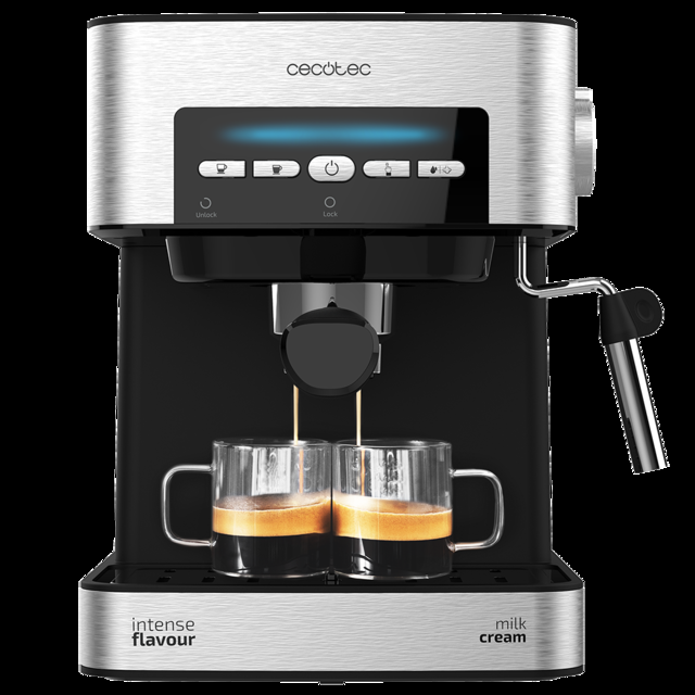 Cecotec Power Espresso 20 Matic. Cafetera express de 850 W 20 Bares 1 5L Brazo Doble Salida Vaporizador Superficie Calientatazas Mandos Digitales Acabados en Acero Inoxidable Negro/Plata Cafetera express 20 bares  