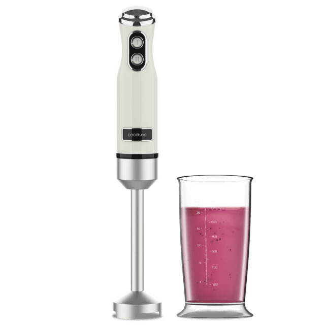 Cecotec Power RetroBeige 1200MAX Batidora de mano retro con 1200 W de potencia maxima cuchilla de 4 hojas con recubrimiento de titanio negro y velocidad ajustable. Batidora de mano