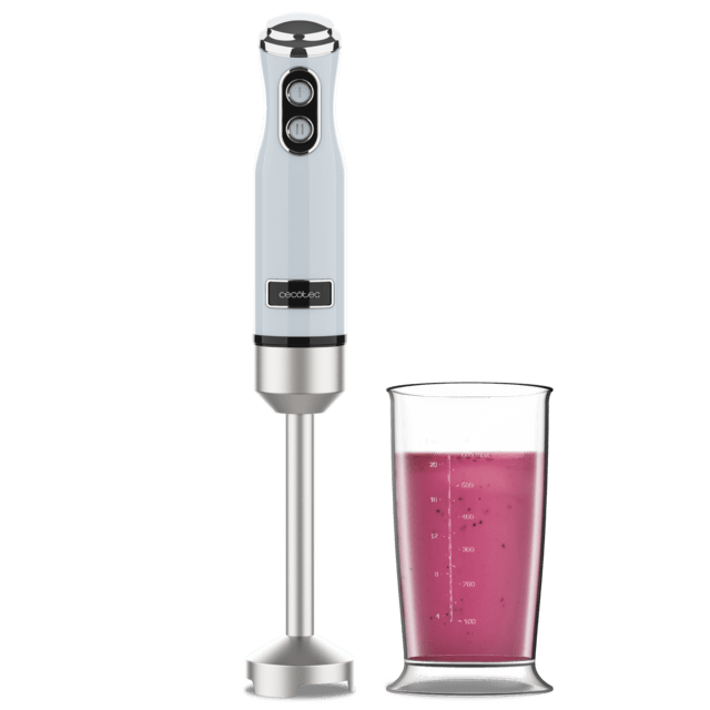 Cecotec Power RetroBlue 1200MAX Batidora de mano retro con 1200 W de potencia máxima cuchilla de 4 hojas con recubrimiento de titanio negro y velocidad ajustable. Batidora de mano