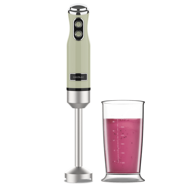 Cecotec Power RetroGreen 1200MAX Batidora de mano retro con 1200 W de potencia máxima cuchilla de 4 hojas con recubrimiento de titanio negro y velocidad ajustable. Batidora de mano 