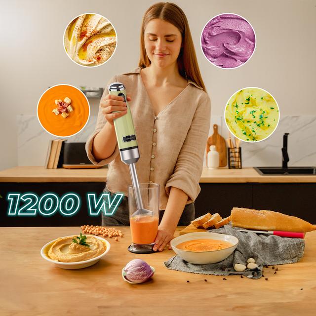 Cecotec Power RetroGreen 1200MAX Cream&Crush Batidora De Mano Retro Con 1200 W De Potencia Máxima Cuchilla De 4 Hojas Con Recubrimiento De Titanio Negro Y Velocidad Ajustable. Batidora De Mano