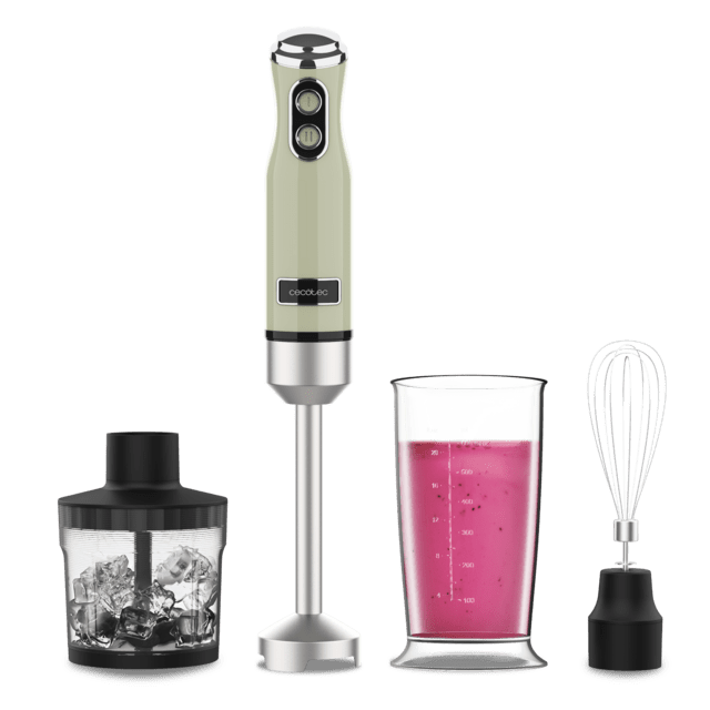 Cecotec Power RetroGreen 1200MAX Cream&Crush Batidora de mano retro con 1200 W de potencia máxima cuchilla de 4 hojas con recubrimiento de titanio negro y velocidad ajustable. Batidora de mano