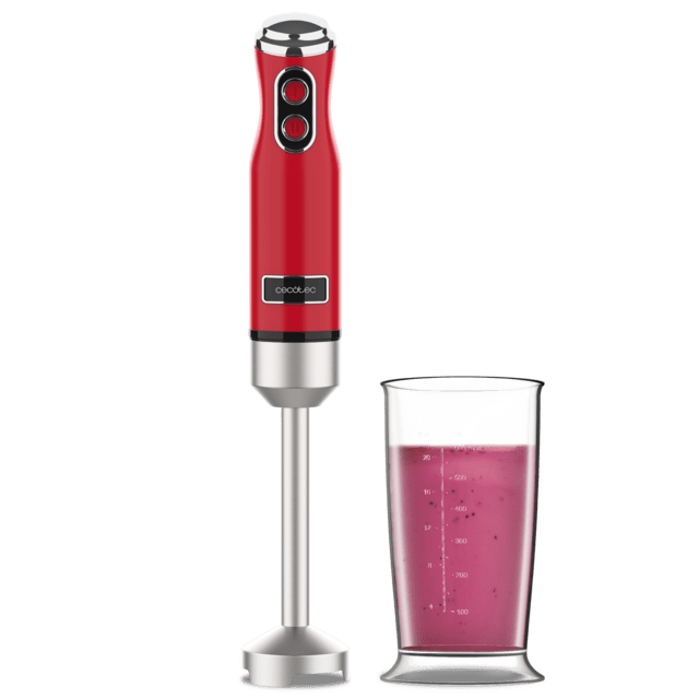 Cecotec Power RetroRed 1200MAX Batidora de mano retro con 1200 W de potencia máxima cuchilla de 4 hojas con recubrimiento de titanio negro y velocidad ajustable. Batidora de mano