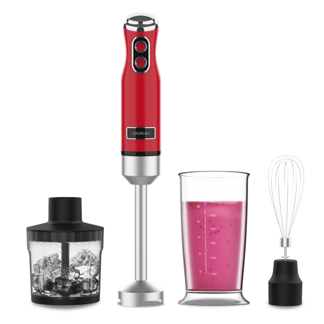 Cecotec Power RetroRed 1200MAX Cream&Crush Batidora de mano retro con 1200W de potencia maxima cuchilla de 4 hojas con recubrimiento de titanio negro y velocidad ajustable Batidora de mano