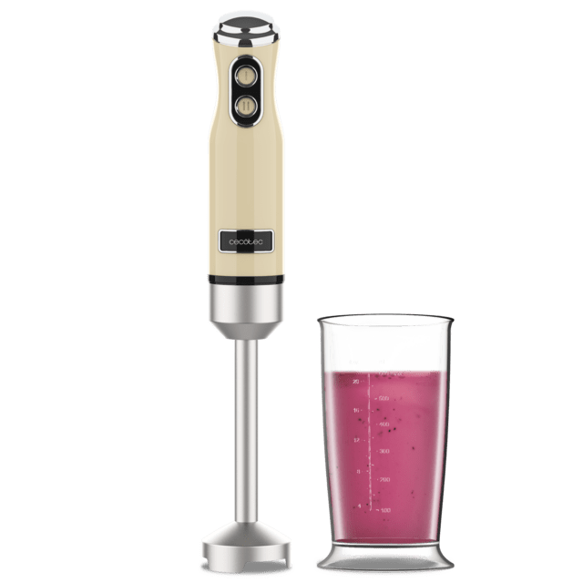 Cecotec Power RetroYellow 1200MAX Batidora de mano retro con 1200 W de potencia máxima cuchilla de 4 hojas con recubrimiento de titanio negro y velocidad ajustable. Batidora de mano