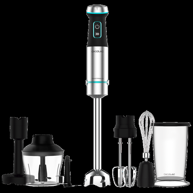 Cecotec Power TitanBlack 1200 XL PerfectCream&Crush. Batidora de mano de 1200 W Cuchillas de 4 hojas Pie XL Campana antisalpicaduras Incluye picadora con cuchilla varillas batidoras y pasapurés Batidora de mano de 1200 W