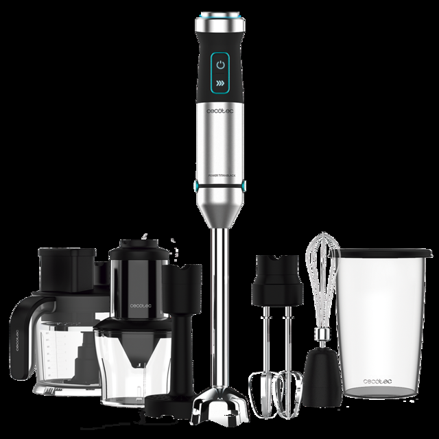 Cecotec Power TitanBlack 1500 XL TotalMix. Batidora de mano con Potencia 1500 W Cuchillas 4 hojas con recubrimiento titanio Pie XL Campana antisalpicaduras Velocidad ajustable Función Turbo Batidora de mano de 1500 W