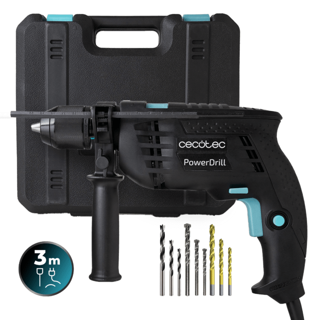 Cecotec PowerDrill 850 Keyless Taladro eléctrico con percutor de 850 W. Portabrocas metálico de 13mm. Alta velocidad de 4800 rpm y percutor a 46000 impactos por minuto. Incluye un maletín con 9 brocas y una empuñadura auxili
