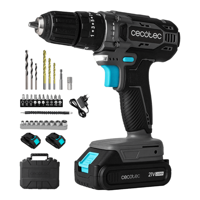 Cecotec PowerForce 2120 Impact Taladro percutor y atornillador con dos baterías de 21V y 2.000mAh. Función percutora de hasta 27.000 impactos por minuto y 1.500rpm. Apto para lo materiales más duros incluso hormigón. Par de