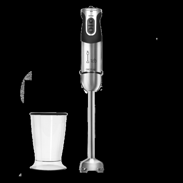 Cecotec Powerful Titanium 1000. Batidora de Mano con 1000 W Pie Extralargo 4 Hojas con Recubrimiento de Titanio 21 Niveles y Turbo Incluye Vaso de 500 ml con tapa Libre BPA Acero/Negro Batidora de mano de 1000W