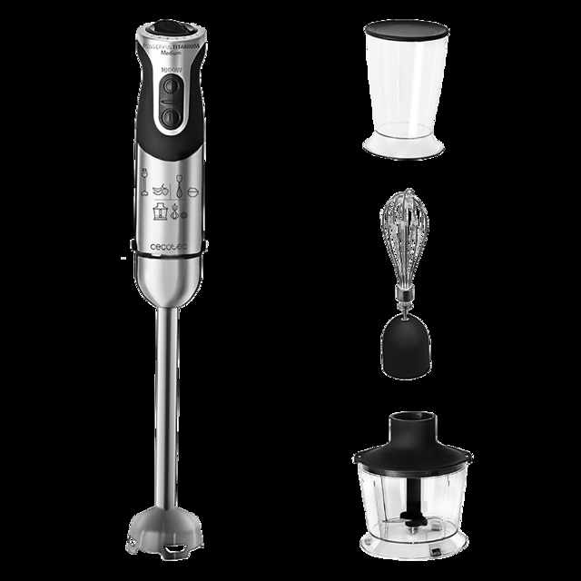 Cecotec Powerful Titanium 1000 Full. Batidora de Mano de 1000 W Pie XL 21 Niveles y Turbo Cuchilla 4 hojas con Recubrimiento de Titanio Soft Touch Accesorios Vaso de 500 ml Batidora de mano de 1000W