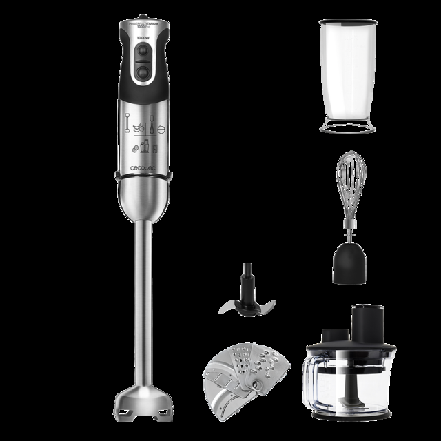 Cecotec Powerful Titanium 1000 Pro. Batidora de Mano de 1000 W 21 Niveles y Turbo Cuchilla 4 hojas con Recubrimiento de Titanio Pie XL Soft Touch Accesorios Vaso 800 ml Batidora de mano de 1000W