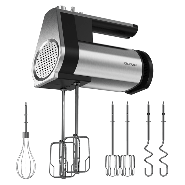 Cecotec PowerTwist 500 Full Steel Batidora de varillas con un motor de 500 W 5 velocidades más función Turbo y tres accesorios: varilla de globo varillas batidoras y garfios amasadores. Batidora de varillas