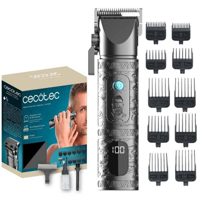 Cecotec PrecisionCare Samurai Clipper Cortapelos a batería con cuchillas de acero inoxidable con 10 peines en medidas de 1 5/3/4 5/6/10/13/16/19/22/25 mm y 200 minutos de autonomía Cortapelos a batería