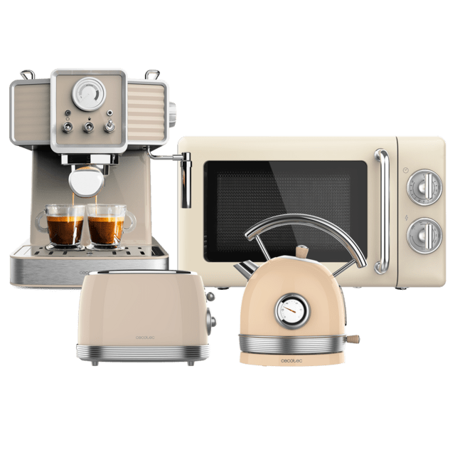 Cecotec ProClean 3110 Retro Beige + Vintage 800 Light Beige + Thermosense 420 Vintage Light Beige + Power Espresso 20 Tradizionale Light Beige Microondas con grill +  Tostador vertical + Hervidor de agua + Cafetera espresso 