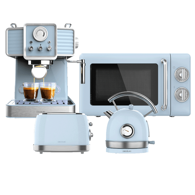 Cecotec ProClean 3110 Retro Blue + Vintage 800 Light Blue + Thermosense 420 Vintage Light Blue + Power Espresso 20 Tradizionale Light Blue Microondas con grill + Tostador vertical + Hervidor de agua + Cafetera espresso    