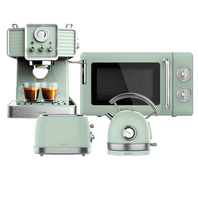 Cecotec ProClean 3110 Retro Green + Vintage 800 Light Green + Thermosense 420 Vintage Light Green + Power Espresso 20 Tradizionale Light Green Microondas con grill + Tostador vertical + Hervidor de agua + Cafetera espresso   