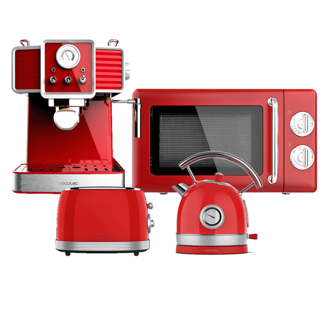 Cecotec ProClean 3110 Retro Red + Toast&Taste 800 Vintage Light Red + Thermosense 420 Vintage Light Red + Power Espresso 20 Tradizionale Light Red Microondas con grill +  Tostador vertical + Hervidor de agua + Cafetera espress