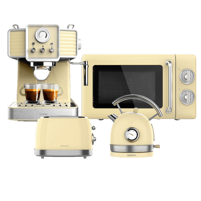 Cecotec ProClean 3110 Retro Yellow + Vintage 800 Light Yellow + Thermosense 420 Vintage Light Yellow + Power Espresso 20 Tradizionale Light Yellow Microondas con grill + Tostador vertical + Hervidor de agua + Cafetera espresso