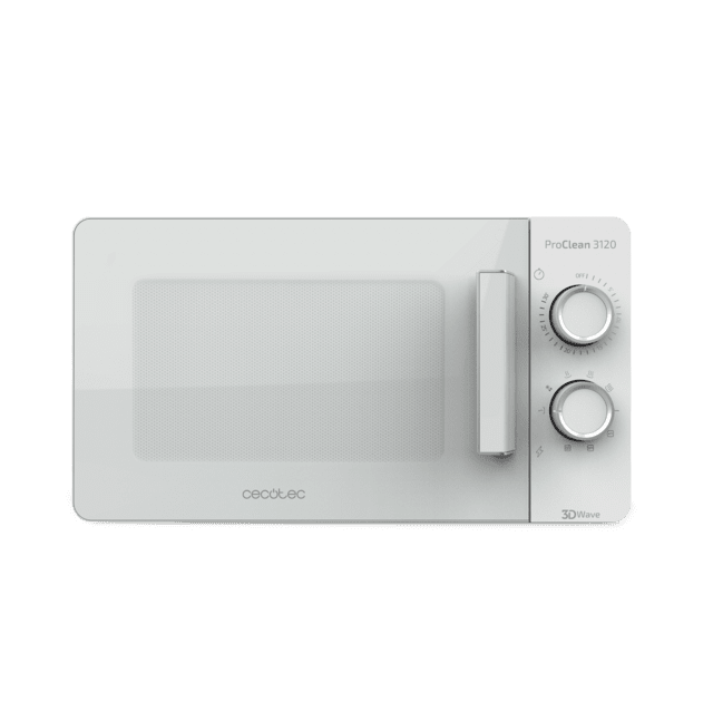 Cecotec ProClean 3120. Microondas Blanco De 20 L Con Grill Y Revestimiento Ready2Clean Para Mejor Limpieza Tecnología 3DWave Diseño Puerta FullWhite Y Detalles Metálicos 6 Niveles Microondas Grill 20L