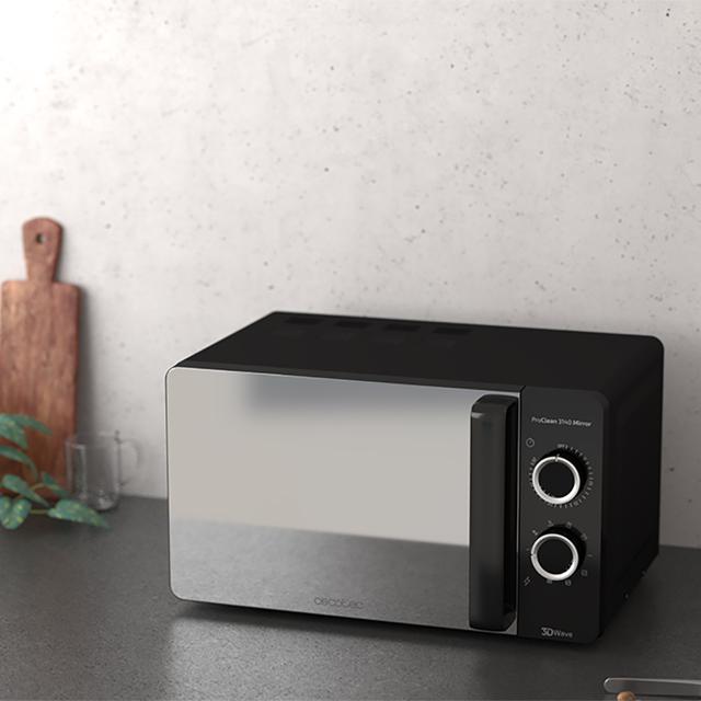 Cecotec ProClean 3140 Mirror. Microondas Negro De 700 W Con 6 Niveles Grill 800W 20L Revestimiento Ready2Clean Para Mejor Limpieza Tecnología 3DWave Diseño Efecto Espejo Y Detalles Metálicos Microondas Con Grill 20 L