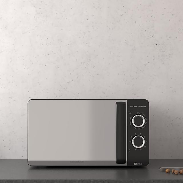 Cecotec ProClean 3140 Mirror. Microondas Negro De 700 W Con 6 Niveles Grill 800W 20L Revestimiento Ready2Clean Para Mejor Limpieza Tecnología 3DWave Diseño Efecto Espejo Y Detalles Metálicos Microondas Con Grill 20 L