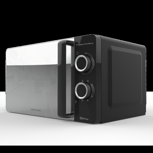 Cecotec ProClean 3140 Mirror. Microondas Negro De 700 W Con 6 Niveles Grill 800W 20L Revestimiento Ready2Clean Para Mejor Limpieza Tecnología 3DWave Diseño Efecto Espejo Y Detalles Metálicos Microondas Con Grill 20 L