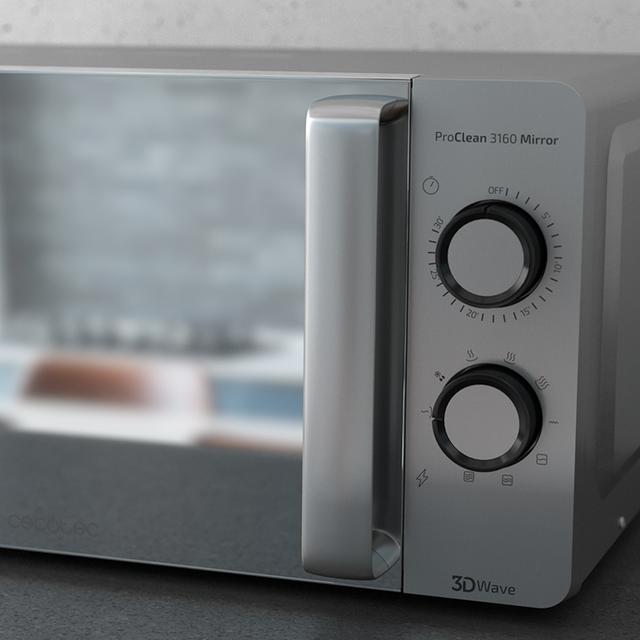 Cecotec ProClean 3160 Mirror. Microondas De 700 W Con 6 Niveles Grill 800 W Capacidad 20 L Revestimiento Ready2Clean Para Mejor Limpieza Tecnología 3DWave Temporizador Diseño Efecto Espejo Microondas Con Grill 20 L