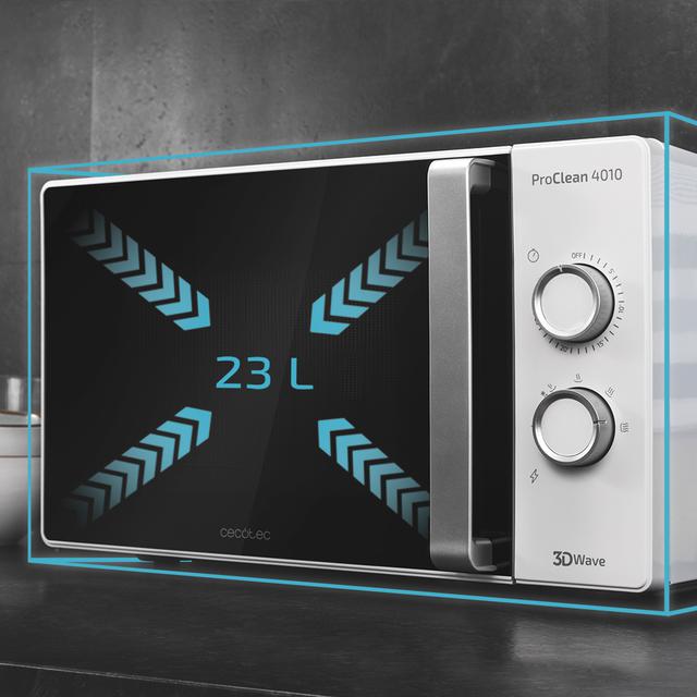 Cecotec ProClean 4010. Microondas De 700 W De Potencia Capacidad De 23L Revestimiento Ready2Clean 6 Niveles Funcionamiento Temporizador 30 Min Tecnología 3DWave Puerta Full Crystal Microondas