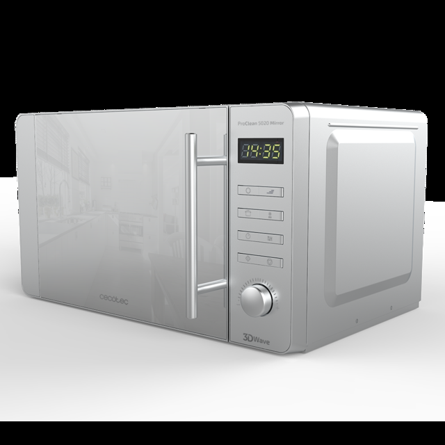 Cecotec ProClean 5020 Mirror. Microondas de 700 W Capacidad 20 L Revestimiento Ready2Clean para mejor limpieza Tecnología 3DWave Diseño Efecto Espejo Tirador Inox 8 programas Microondas sin grill  