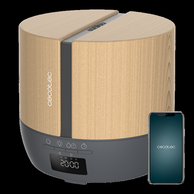Cecotec PureAroma 550 Connected Grey Woody. Difusor de aromas de Capacidad 500ml Pantalla LED Altavoz Control por bluetooth App Temporizador 12h 3 Modos de funcionamiento Cobertura 30m2 Humidificador y altavoz bluetooth