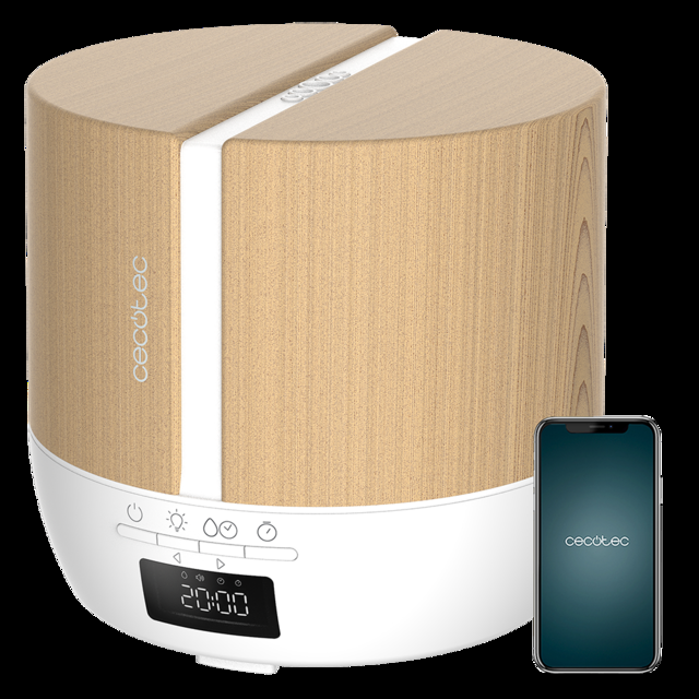 Cecotec PureAroma 550 Connected White Woody. Difusor de aromas con Capacidad 500ml Pantalla LED Altavoz Control por bluetooth App Temporizador 12h 3 Modos de funcionamiento Cobertura 30m2 Humidificador y altavoz bluetooth