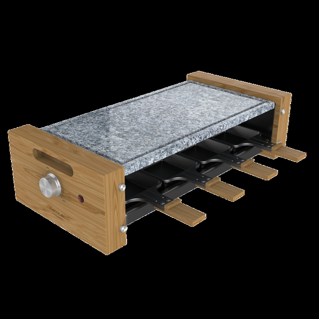 Cecotec Raclette Cheese&Grill 8600 Wood AllStone. Potencia 1200 W Placa Piedra Natural 8 Sartenes Individuales Termostato Regulable Diseño Extraíble Raclette Para Queso