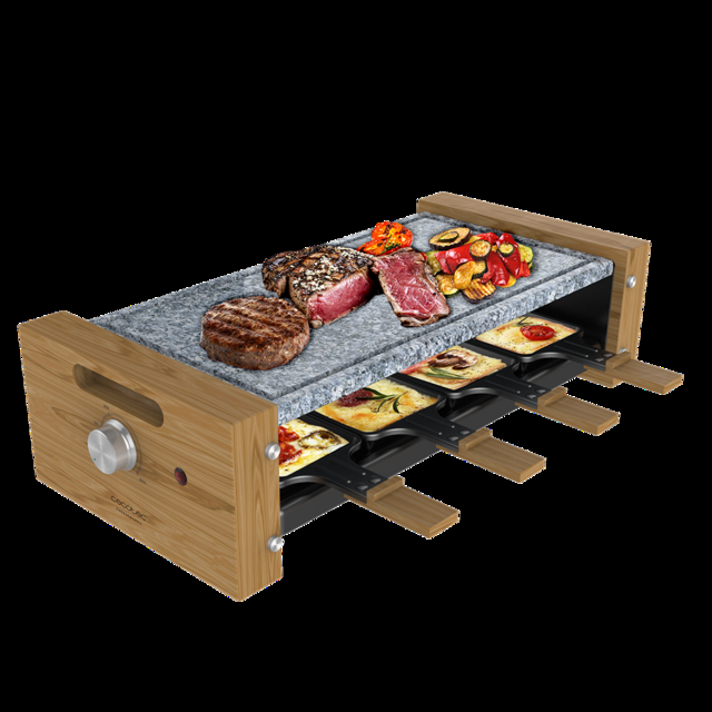 Cecotec Raclette Cheese&Grill 8600 Wood AllStone. Potencia 1200 W Placa piedra natural 8 sartenes individuales Termostato regulable Diseño extraíble Raclette para queso