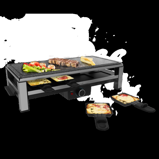 Cecotec Raclette de Queso y grill Cheese&Grill 12000 Inox AllStone. 2000 W Parrilla superior de piedra natural Acabados en acero inoxidable 8 sartenes individuales Diseño extraíble Raclette