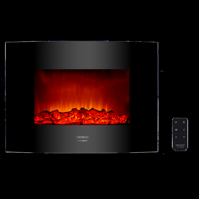 Cecotec Ready Warm 2200 Curved Flames Chimenea eléctrica decorativa de 22” con máxima potencia de 2000 W. Dos intensidades 1000 W y 2000 W. Mando a distancia. Panel curvo de cristal templado. Llama independiente y ajustable.