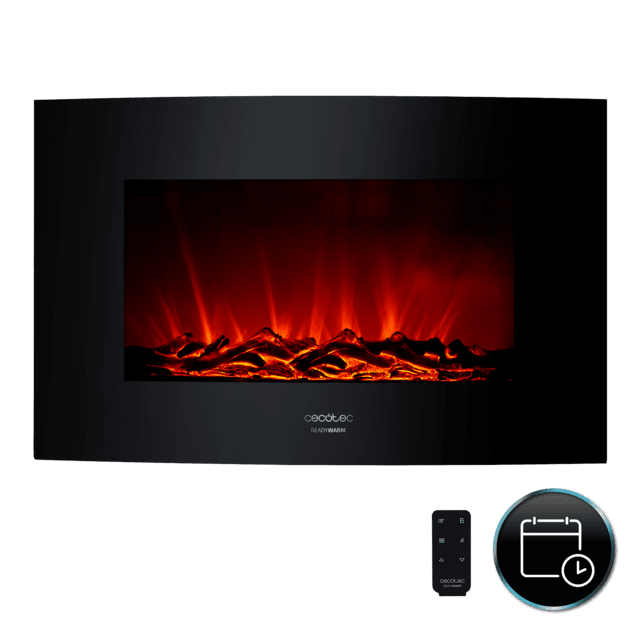 Cecotec Ready Warm 3500 Curved Flames Decorativa De 35” Con Máxima Potencia De 2000 W. Dos Intensidades 1000 W Y 2000 W. Mando A Distancia. Panel Curvo De Cristal Templado. Llama Independiente Y Ajustable. Temporizador Semana