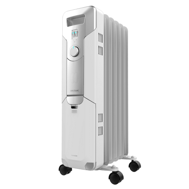 Cecotec Ready Warm 5000 Space Radiador de aceite de 5 módulos y 1000 W con 3 niveles de potencia cobertura de 12 m² recogecables control sencillo asa ruedas y doble sistema de seguridad. Radiador de aceite
