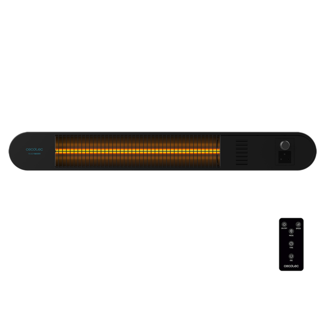 Cecotec Ready Warm 8600 Power Gold Calefactor halógeno de radiación infrarroja de pared para exteriores de 2000 W. IP55. Aluminio. Mando a distancia. Potencia ajustable. Kit de montaje. Calefactor de pared