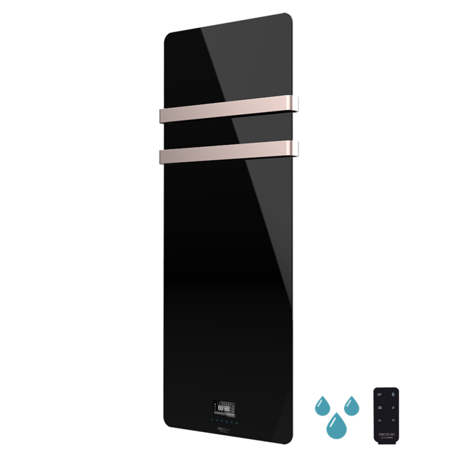 Cecotec Ready Warm 9890 Crystal Towel Radiador de cristal. 850W. Dos colgadores de acero inoxidable pantalla LED y temporizador semanal. IP24. Kit de montaje incluido. Toallero eléctrico