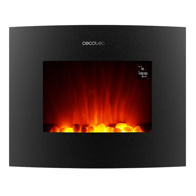 Cecotec ReadyWarm 2650 Curved Flames Connected Chimenea Eléctrica Decorativa De 26” Con Máxima Potencia De 2000 W. Dos Intensidades 1000 W Y 2000 W. Control Por Wi-Fi. Mando A Distancia. Panel Curvo De Cristal Templado. Llam