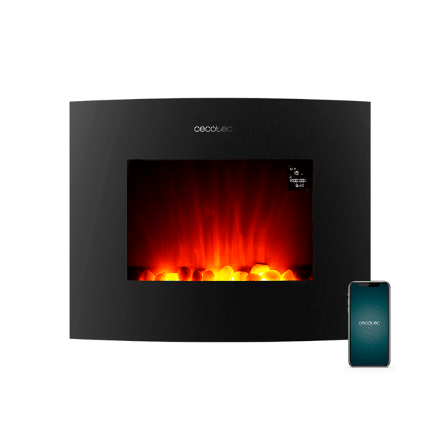 Cecotec ReadyWarm 2650 Curved Flames Connected Chimenea eléctrica decorativa de 26” con máxima potencia de 2000 W. Dos intensidades 1000 W y 2000 W. Control por Wi-Fi. Mando a distancia. Panel curvo de cristal templado. Llam