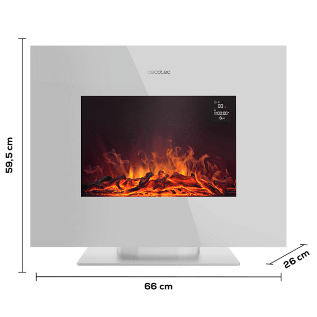 Cecotec ReadyWarm 2700 Design Flames White Decorativa De 26” Con Máxima Potencia De 2000 W. Dos Intensidades 1000 W Y 2000 W. Mando A Distancia. Panel Plano De Cristal Templado. Llama Independiente Y Ajustable. Temporizador S