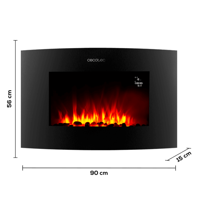 Cecotec ReadyWarm 3550 Curved Flames Connected Chimenea Eléctrica Decorativa De 35” Con Máxima Potencia De 2000 W. Dos Intensidades 1000 W Y 2000 W. Control Por Wi-Fi. Mando A Distancia. Panel Curvo De Cristal Templado. Llam